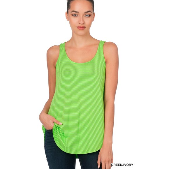 Sleeveless Top in Bright Green - Striped Pattern - Scoop Neck and Round Hem - Picture 2 of 5